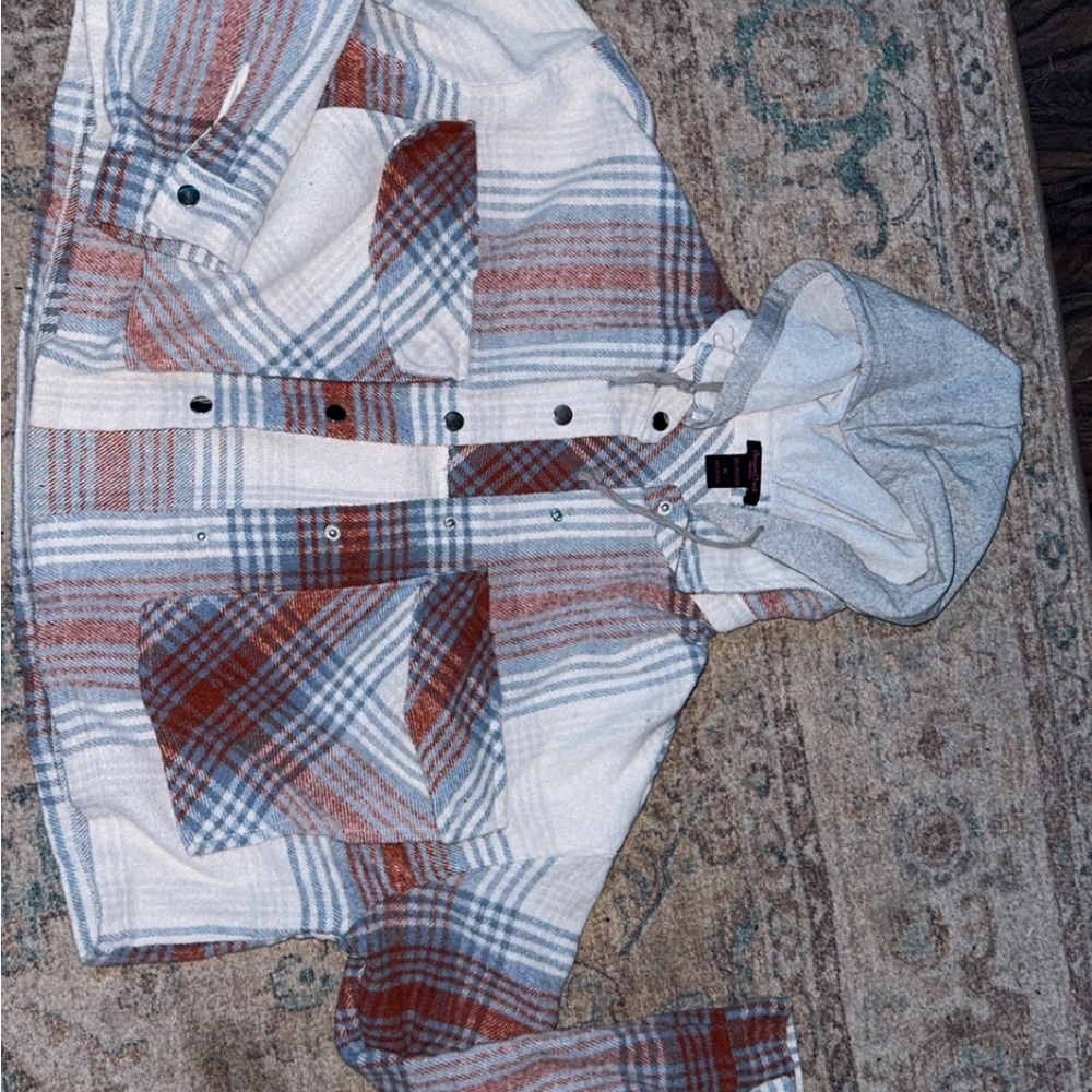 Cropped Plaid Hooded Button-Up Flannel Jacket